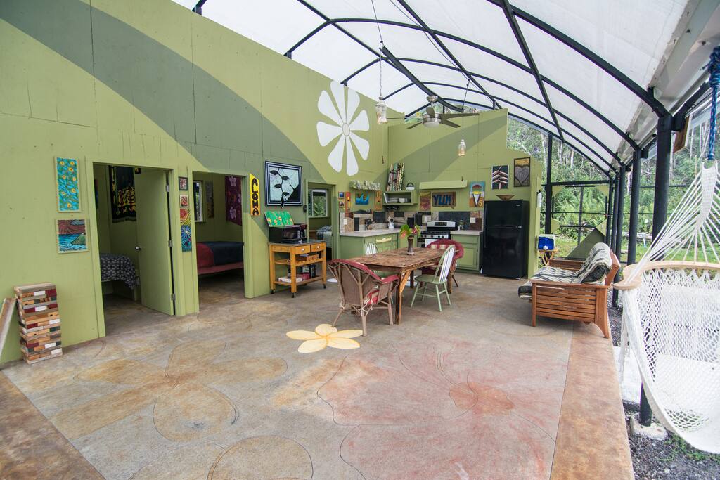Common Area:
Gas Stove, Refrigerator with Ice Maker, Kitchen Table, Concrete Countertop, Custom Mosaic Backsplash, Art Deco, Artistic Concrete Floor, Greenhouse Atrium with adjacent garden