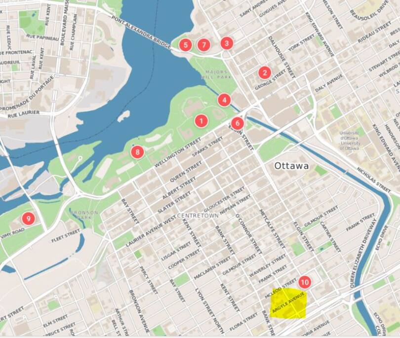 1. Parliament Hill – 2. ByWard Market – 3. Notre-Dame Cathedral Basilica – 4. Rideau Canal – 5. Nepean Point – 6. Confederation Square – 7. National Gallery of Canada – 8. Supreme Court of Canada – 9. Canadian War Museum – 10. Canadian Museum of Nature.