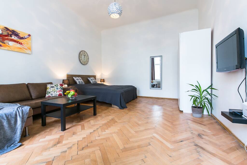 Spacious BRIGHT bedroom with inner garden view offers cabel TV, high speed Wifi, wardrobe, comfy sofa and coffee table