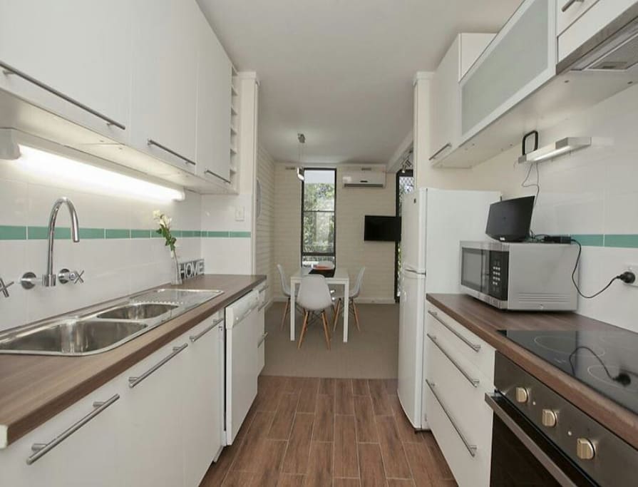 Fully equipped kitchen with oven, microwave, stove, dishwasher and tea, coffee, sugar and milk to get you started.