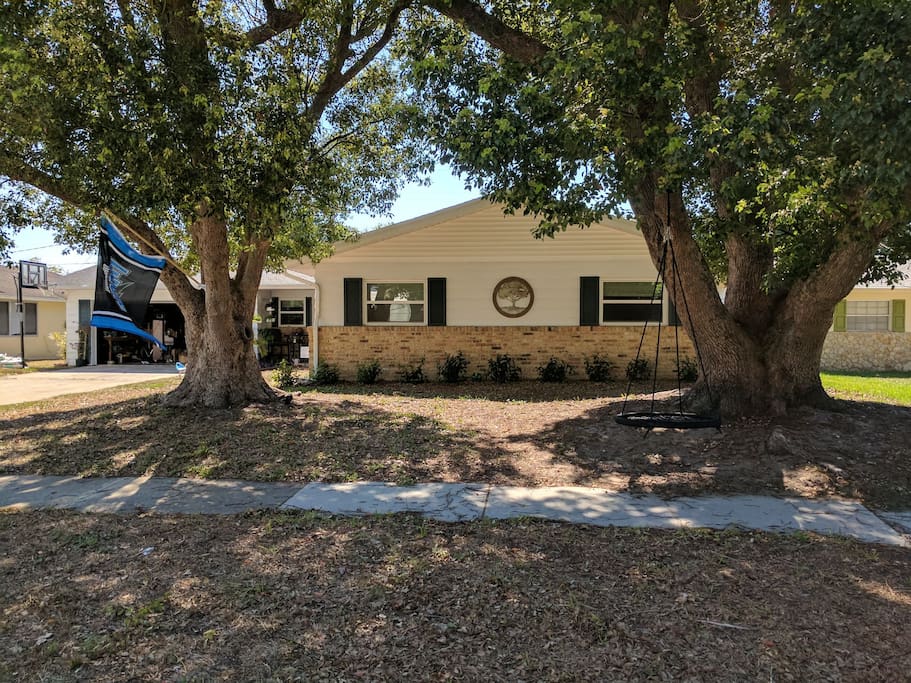 The front yard has a round swing hanging from the tree!