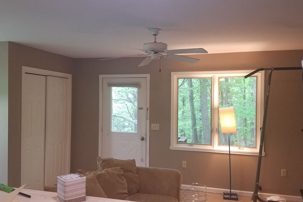 Comfy couch and small work out area with coat closet