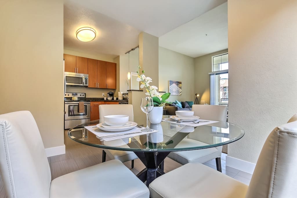 Dining room with view into kitchen