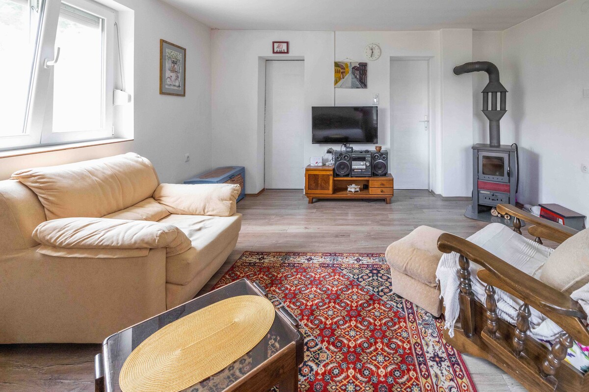 Телевизорът с плосък екран с кабелна телевизия и Netflix на него във всекидневната.