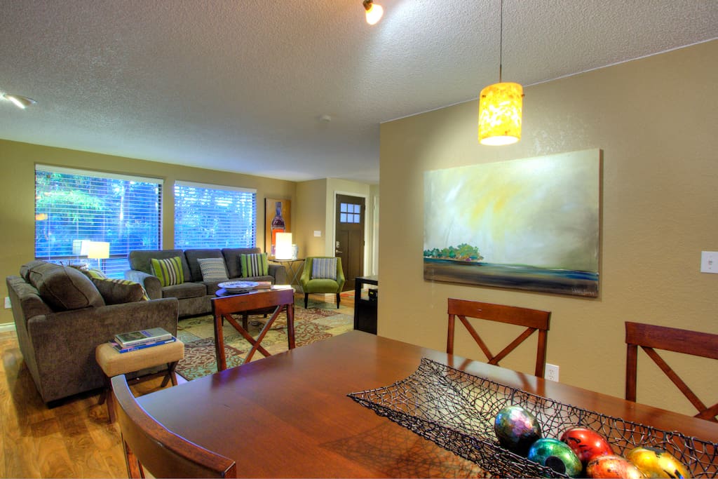 Dining room, living room area with scenic views.