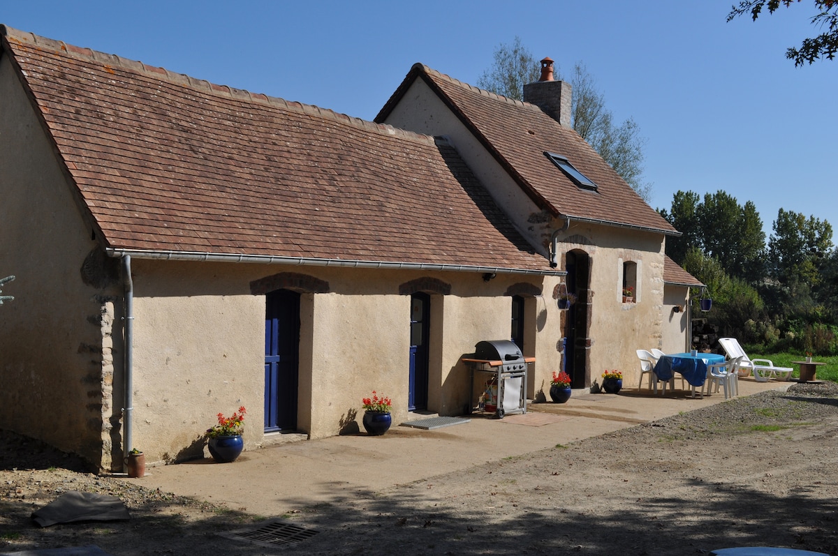 The exterior of a charming house is shown, featuring a sloped roof and two distinct sections. Dark blue doors stand out against the light beige walls. A patio area is visible, furnished with a dining table, chairs, and a barbecue, surrounded by potted plants.