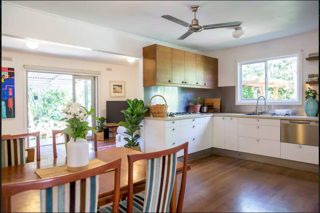 Light filled open spaces from kitchen, to the lounge and on to the deck.