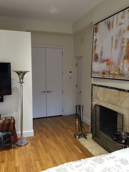 Closet and wood burning fireplace