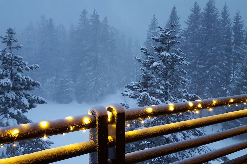 Snow falling over the woods: view from the balcony