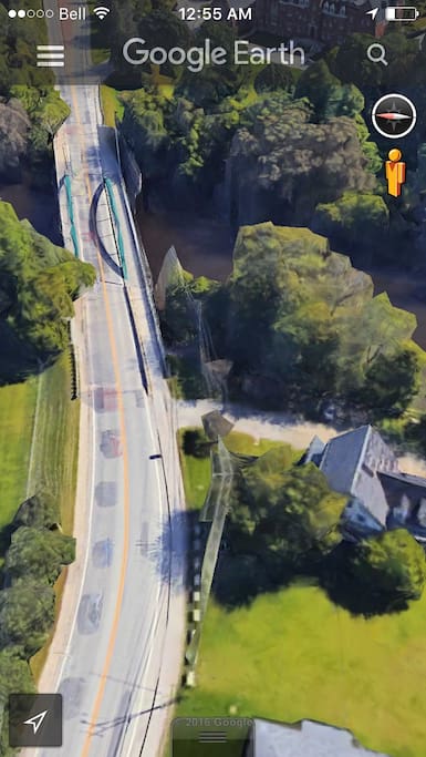 Birds eye view of College Street by green bridge to Bishop's University. Our house is on the right.