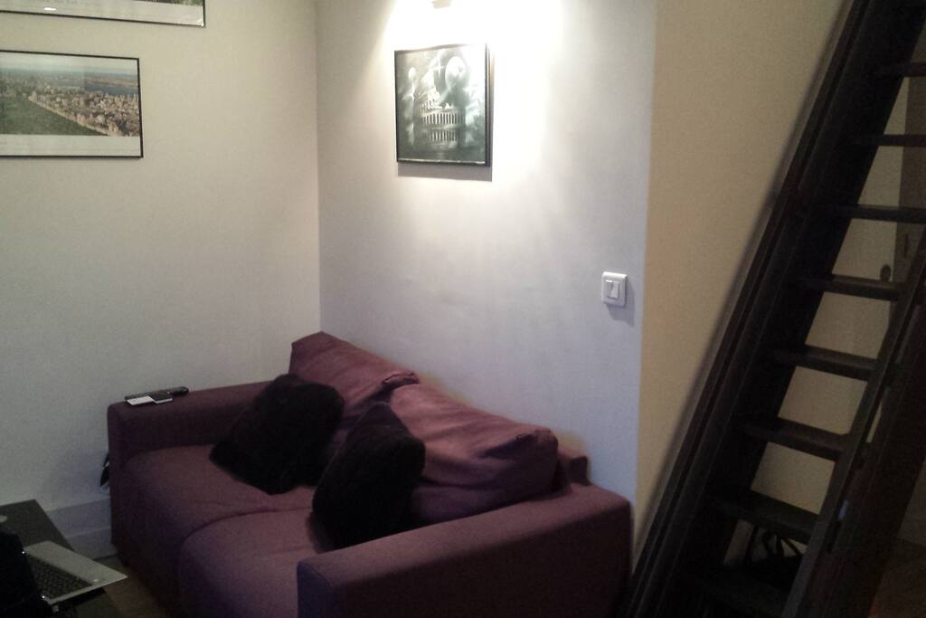 Espace salon (canapé, table basse, tv)