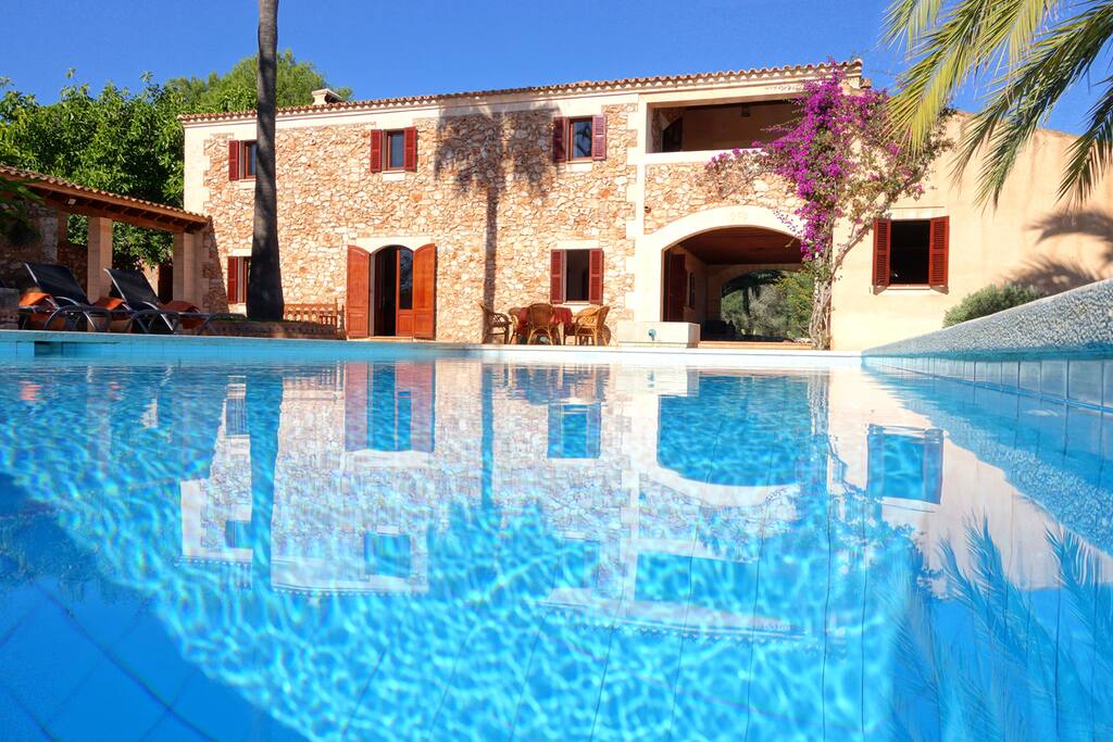 Finca Can Buho: Poolterrasse unter Palmen. Auf dem 45.000 qm Grundstück sind Sie Ihr eigener Herr und unberührt von der Außenwelt
