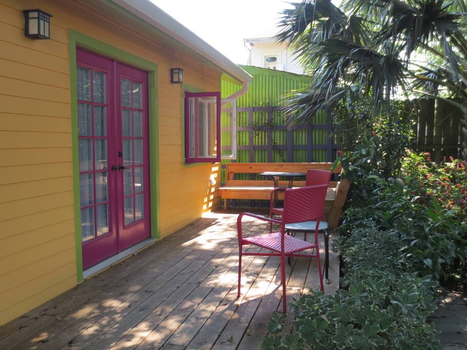 The french doors and casement windows provide great light and breezes for the cottage.