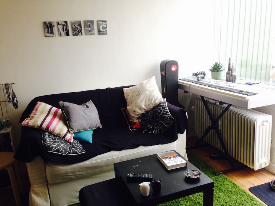 My sofa - which folds out into a bed - and my music corner...