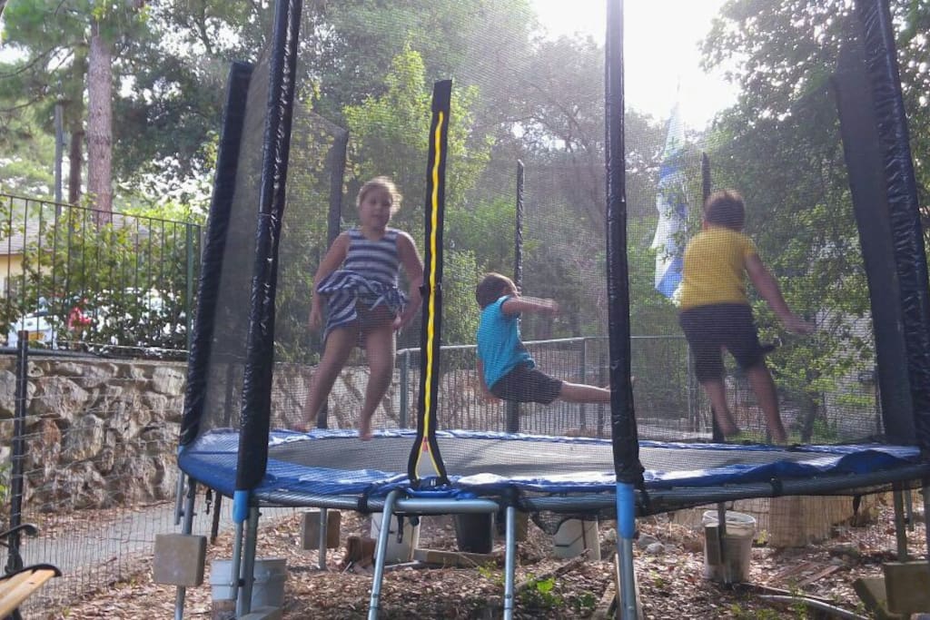 Children enjoying the nearby trampoline.