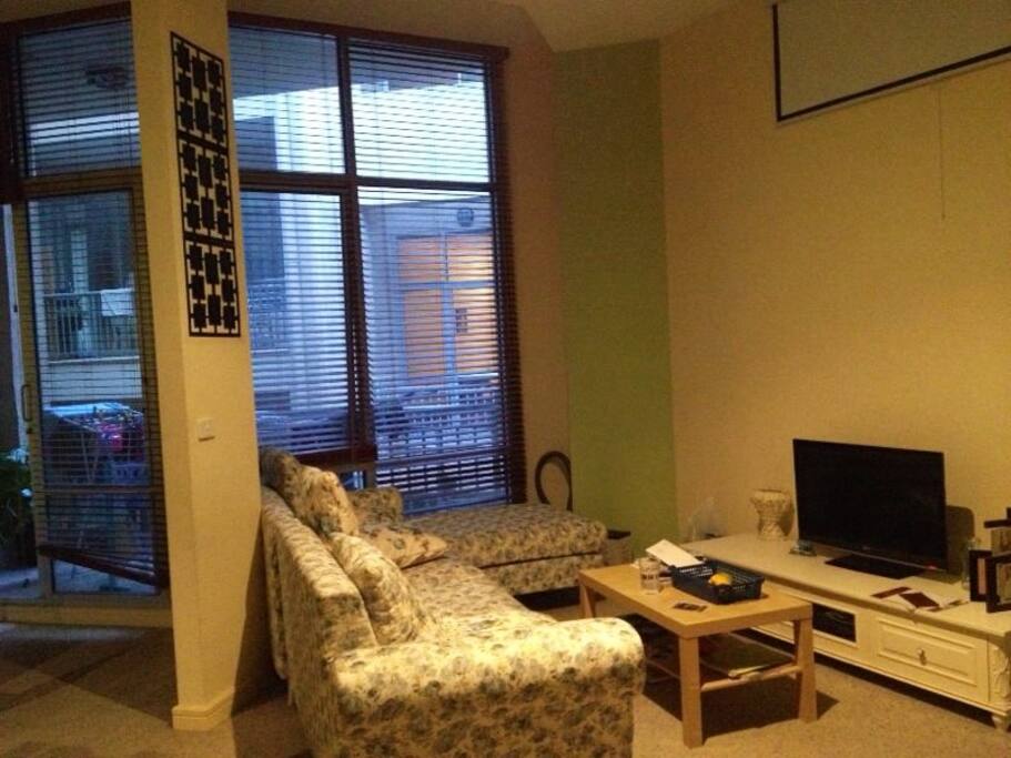 living room, TV and 3D projector