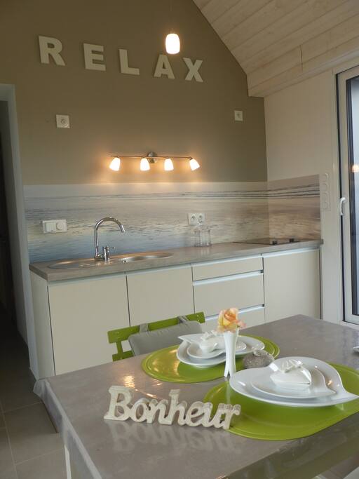 CUISINE avec accès terrasse et vue ETANG et cerise sur le gâteau : Crédence en fond de mer :) !