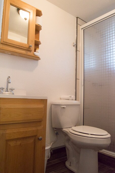 A compact bathroom is equipped with a wooden vanity featuring a sink and storage shelf. A frosted glass shower enclosure offers privacy, while a toilet is placed alongside. Soft lighting from the ceiling fixture enhances the simple, functional design.