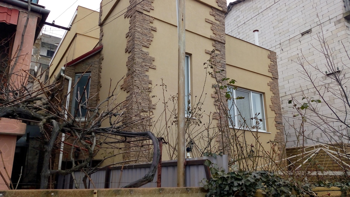 The exterior view of a three-story house is shown, featuring a mix of modern and stone-textured walls. Large windows are visible, allowing natural light into the interior. Surrounding vegetation, including bare trees and creeping plants, adds to the overall character of the property.