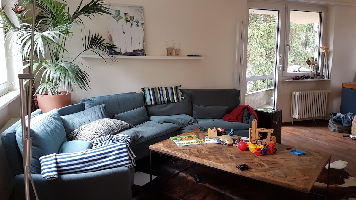 A spacious living area features a large sectional sofa with colorful cushions, complemented by a wooden coffee table displaying various toys. A potted plant adds a touch of greenery, while large windows provide natural light, illuminating the room's relaxed atmosphere.