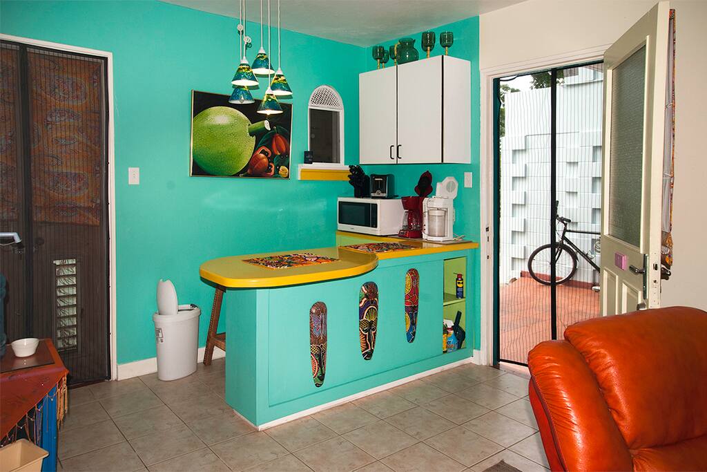 Breakfast bar with stools Mosquito netting on all doors.
