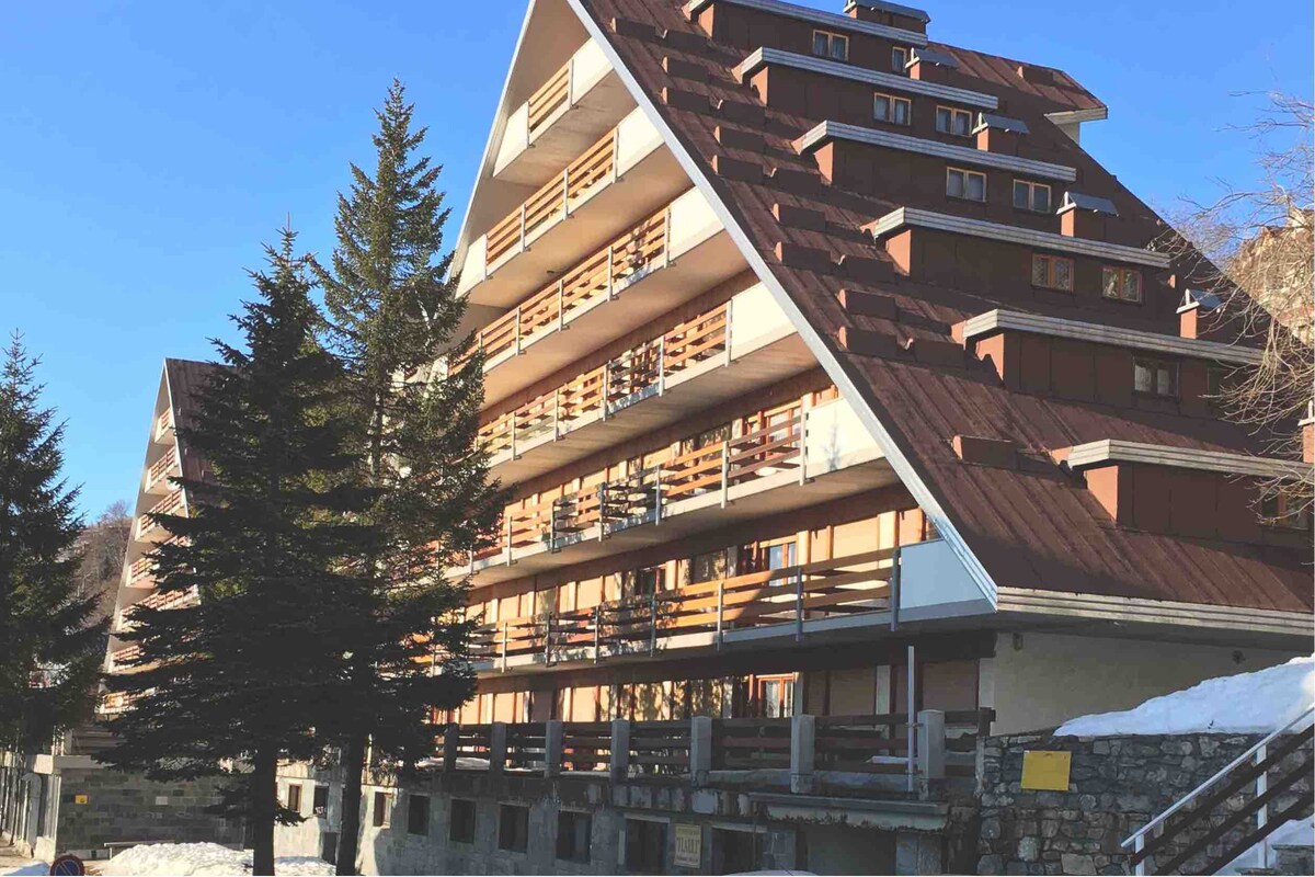The sloped roof structure showcases multiple levels of balconies, each lined with wooden railings. Frost-covered ground indicates a winter setting, while evergreen trees add a natural element to the forefront of the building.