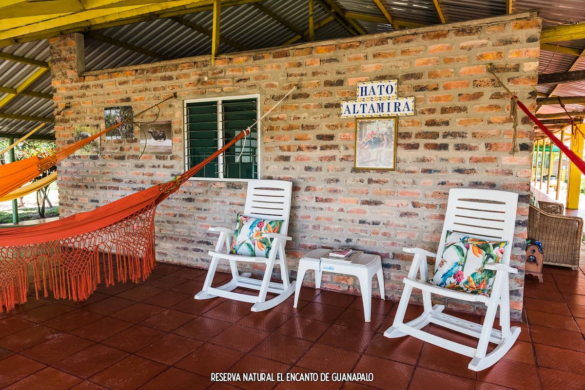 A shaded outdoor seating area features two white chairs and a small table, complemented by vibrant cushions. Nearby, colorful hammocks are suspended from a canopy, providing a comfortable space to relax and enjoy the surroundings. A rustic brick wall is visible in the background.