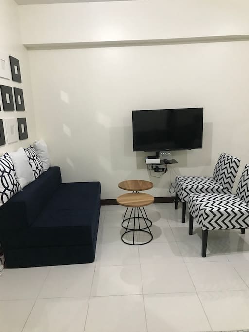 This is the living room with a queen sized sofa bed.