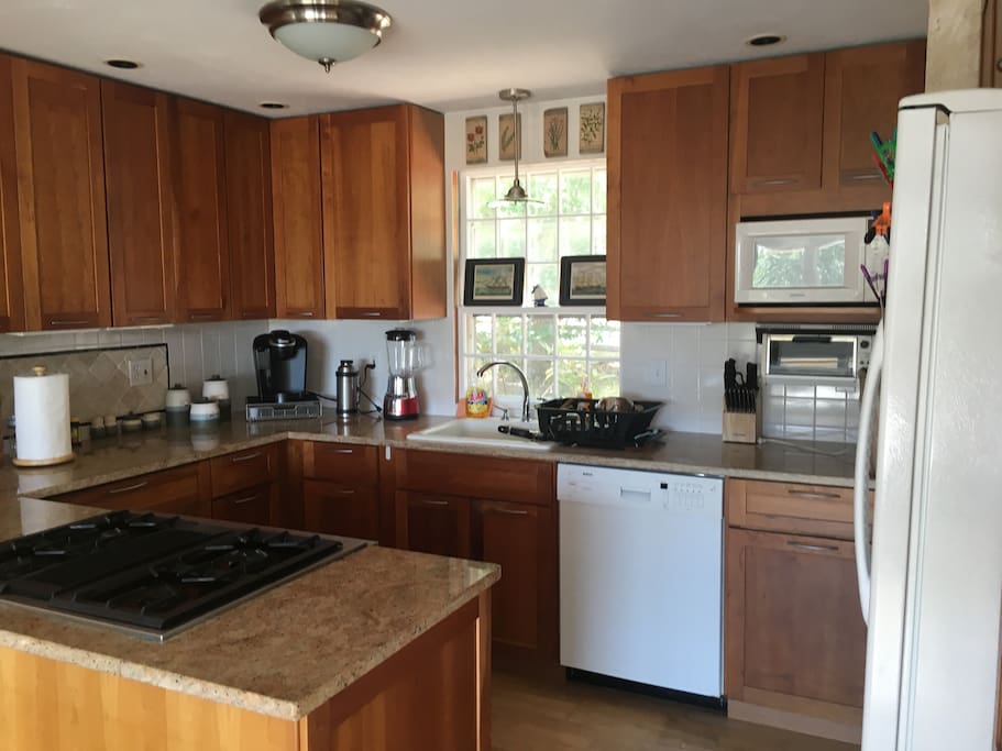Up-to-date kitchen with dish washer, plenty of plates, cups, bowls... coffee maker/hot water heater, microwave