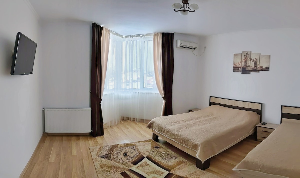 The bedroom features two beds, one spacious and one single, arranged alongside nightstands. A wall-mounted television is visible. Natural light filters through sheer curtains, illuminating the light-colored floor. A decorative area rug adds warmth to the wooden flooring.