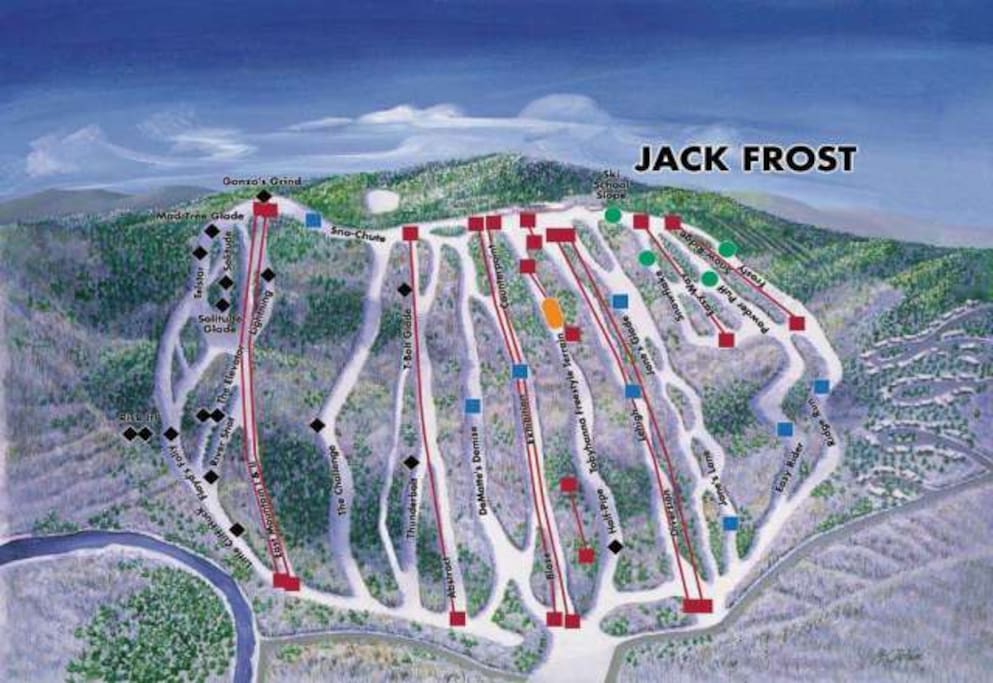 Camelback mountain, Blue mountain,
Jackfrost skiing snowboarding and tubing,is the best in the Poconos!! Minutes away. Bring your skis or rent them many ski and tubing mountains 35 minutes away.