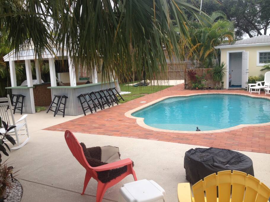 Pool Area looking at Tiki, Basketball Net and Separate sleeping cabana.