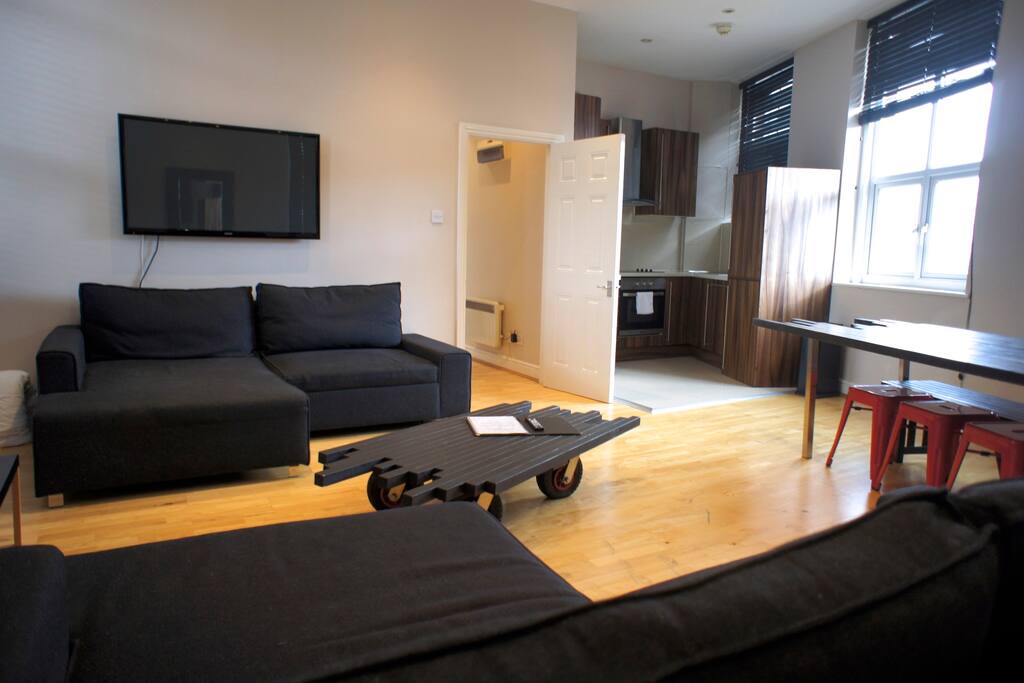 Here's your living room with two double sofa beds for the extra guests