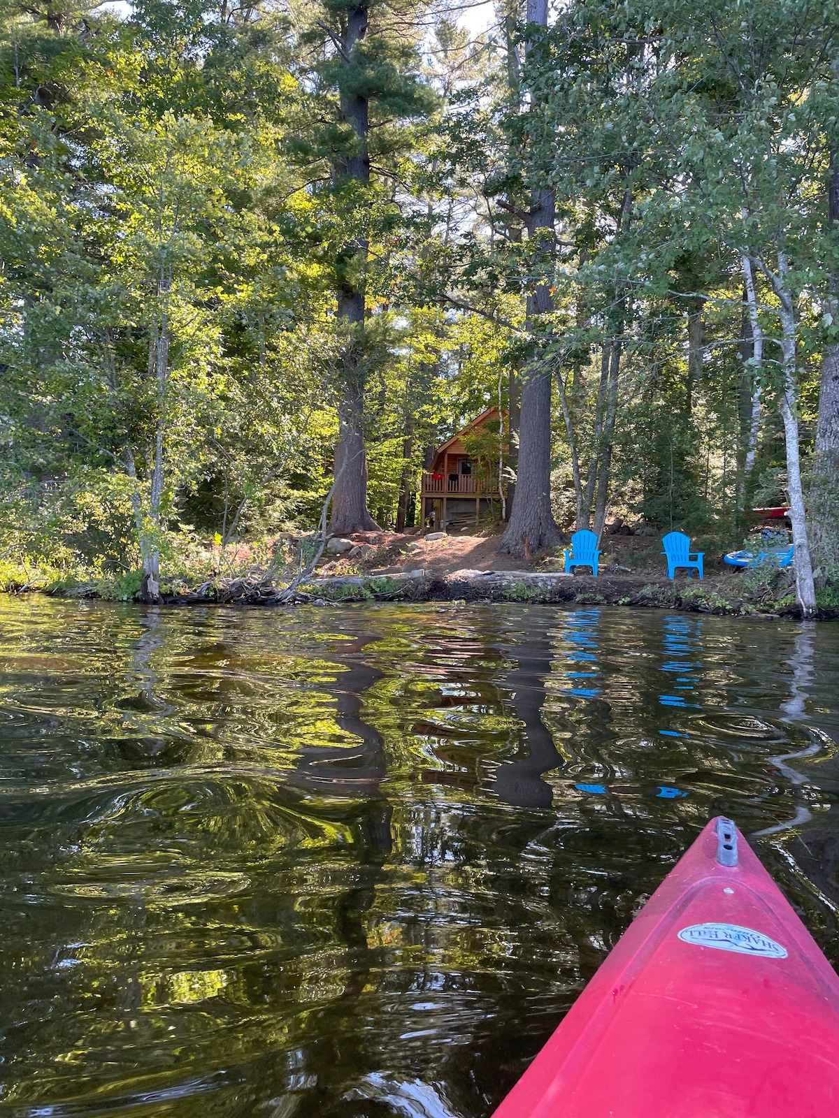 The image captures a serene lake scene from a kayak, showcasing the shimmering water reflecting tall trees. In the background, a cabin is nestled among the greenery, with two blue chairs positioned by the water's edge, inviting relaxation in a natural setting.