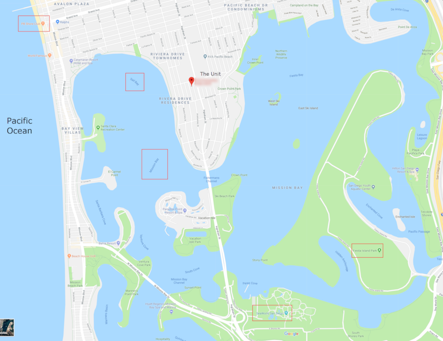 This unit is located in the Crowne Point neighborhood of Pacific Beach. You'll be on a peninsula surrounded by Mission Bay, Sail Bay, Fiesta Island, and this little body of water known as the Pacific Ocean.