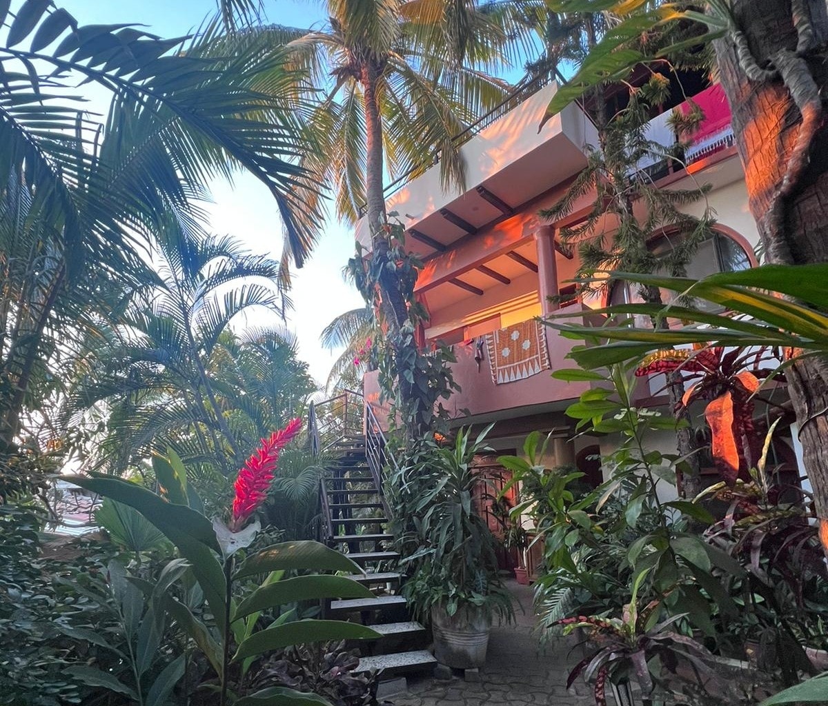 A spacious building is positioned among lush tropical greenery. A staircase leads to the upper level, which is surrounded by vibrant plants and palm trees. The soft glow of the evening sun casts a warm light on the exterior, creating a serene atmosphere.