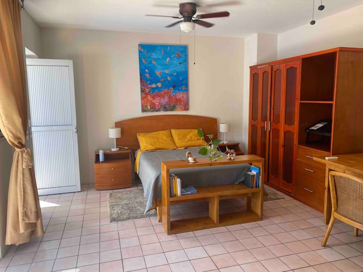 Bed (includes atril to check your emails online from the bed) closet, fans, and air conditioning.