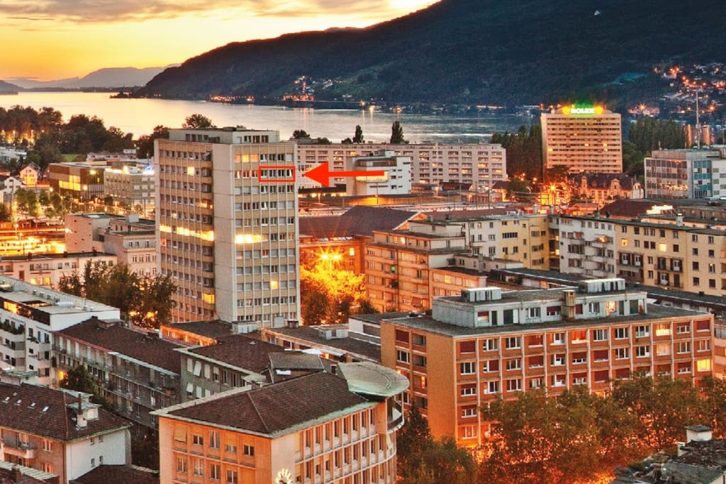The apartment is located in one of the tallest buildings in town.
