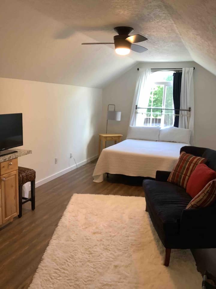 Тази 4 - та спалня е на горния етаж. Разполага с двойно легло, баня и тоалетна (душ), килер, вентилатор на тавана, кът за сядане и телевизор. 