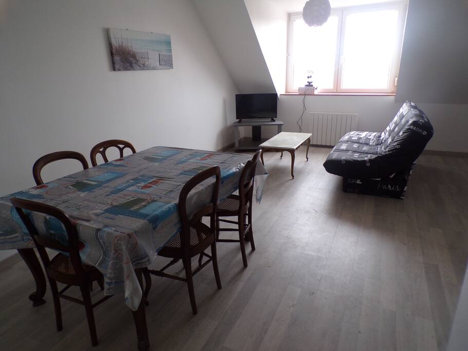 salon spacieux avec tv ecran plat80cm
