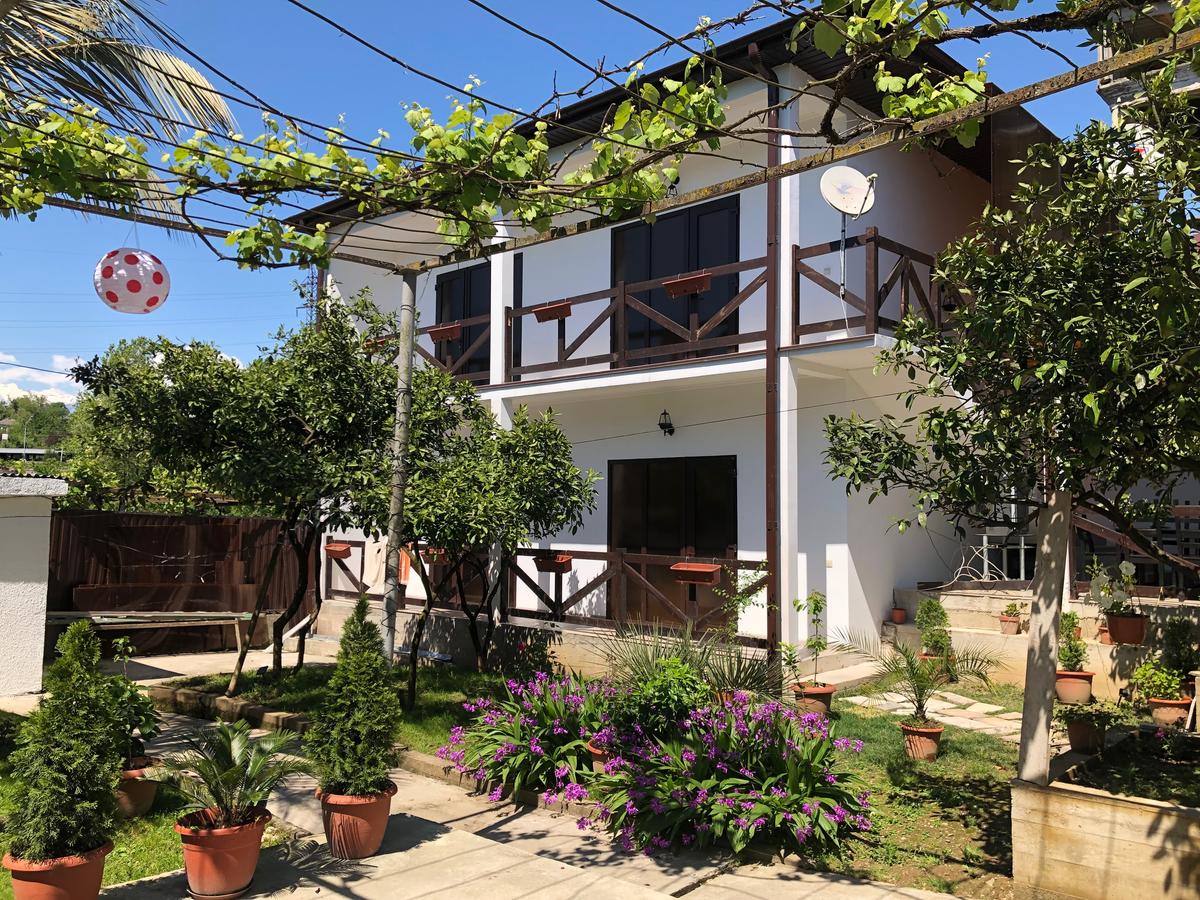 A well-maintained guest house is visible, featuring a two-story structure surrounded by greenery. Potted plants and vibrant flowers decorate the yard, while a wooden balcony offers a view of the outdoor space. Blue skies and sunshine contribute to the welcoming ambiance.