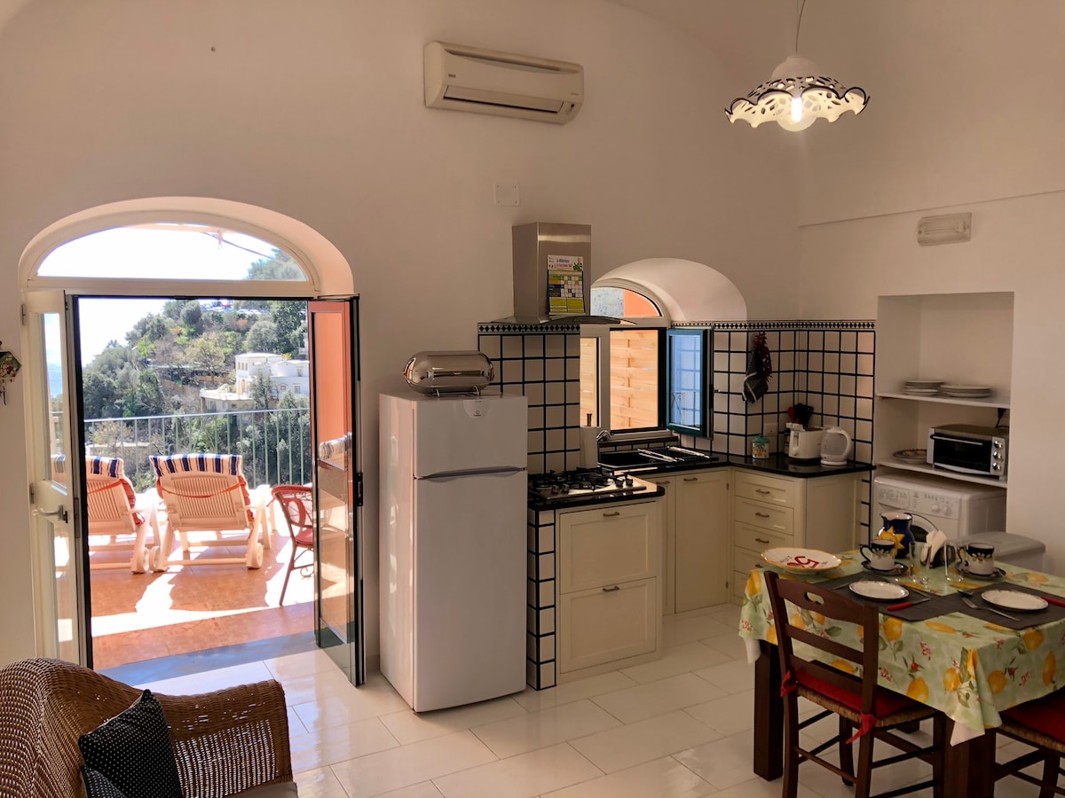 A bright and airy kitchen area features modern appliances and a dining table set for meals. Tiled surfaces are present, while large arched doors open to a shared terrace with outdoor seating, offering views of the surrounding landscape.