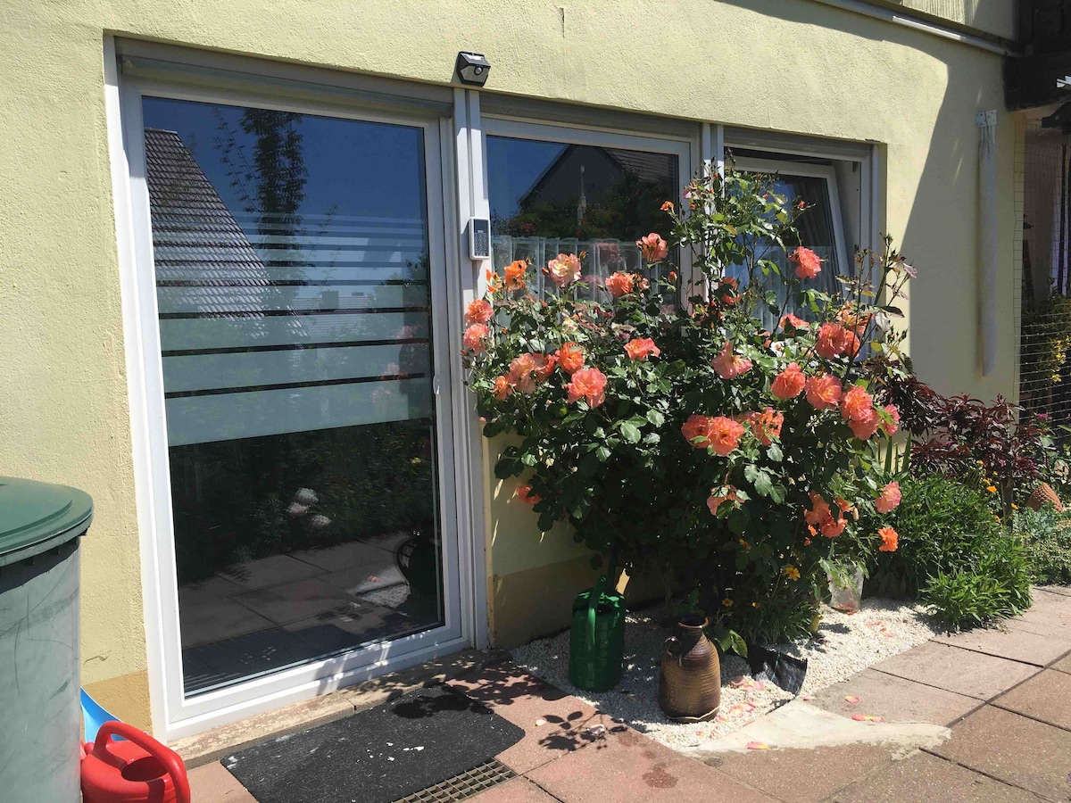 Large glass doors are framed by a blooming rose bush with soft orange flowers. The flowers contrast with the pale yellow wall of the building. A small mat is positioned in front of the entrance, enhancing the welcoming appearance of the entryway.