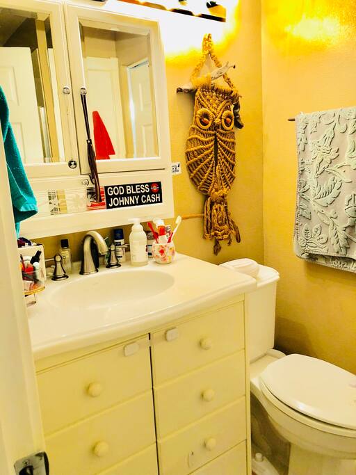 downstairs living area has it’s own bathroom with shower (attached to laundry room), a daybed which converts to king size bed, two twin beds, televison with google chrome, sofa, work area, and chairs