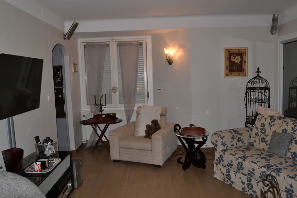 Salon/salle à manger lumineux avec petit balcon et vue sur le jardin