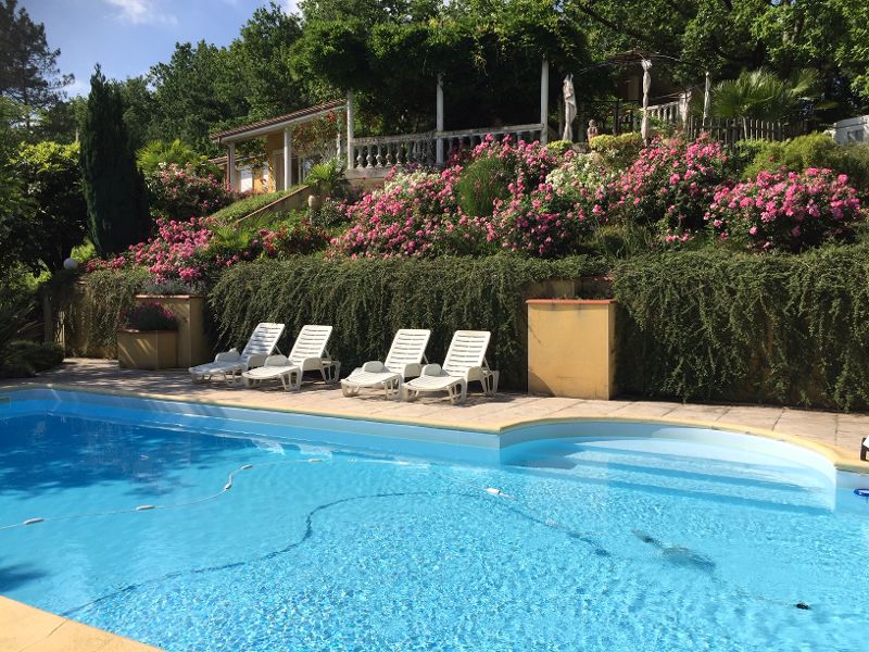 A serene saltwater pool is framed by lush greenery and vibrant flowerbeds. Several lounge chairs are positioned beside the water, offering a relaxing space. The surrounding area features a well-maintained terrace, providing an inviting spot to enjoy the outdoors.