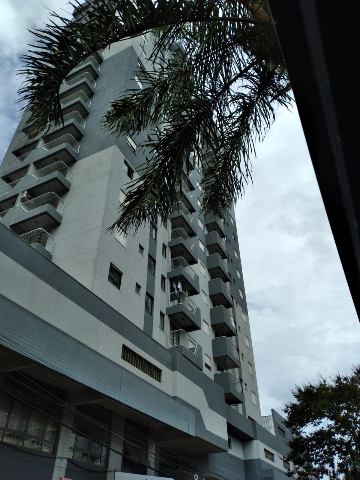 The modern building is seen from street level, featuring multiple floors and balconies. Decorative palm trees frame the view, and a cloudy sky is visible above, creating a subtle contrast to the building's grey exterior.