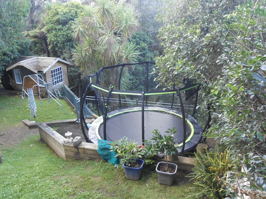 Backyard with trampoline, clothesline, climbing frame and owners Nikau Cabin.