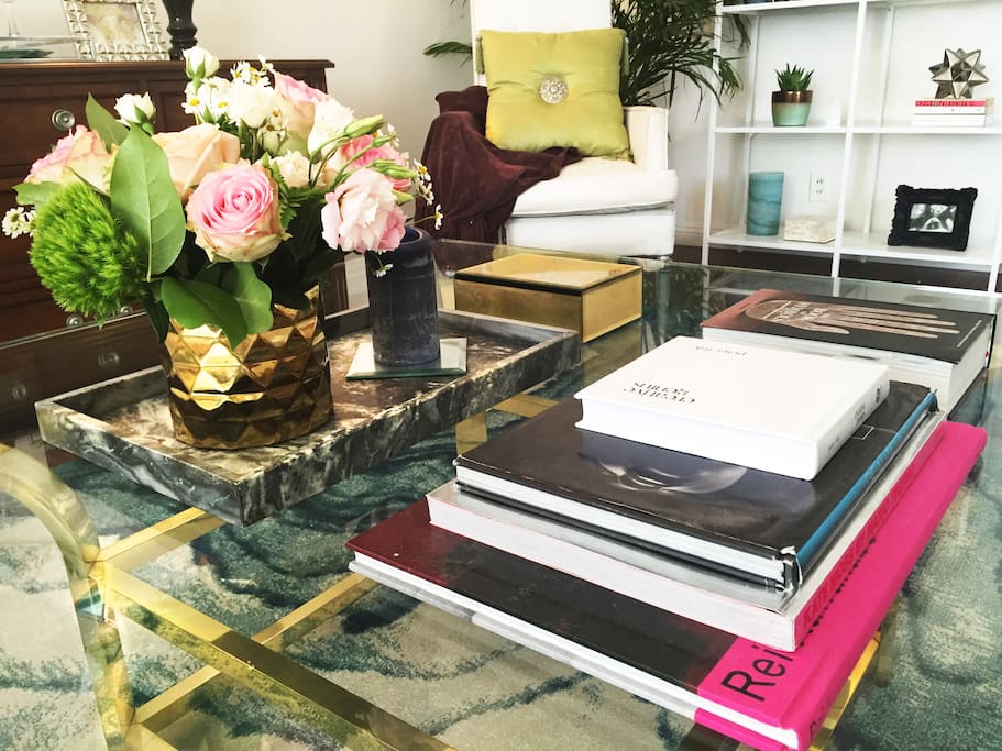 Home Accents with Art and history books.