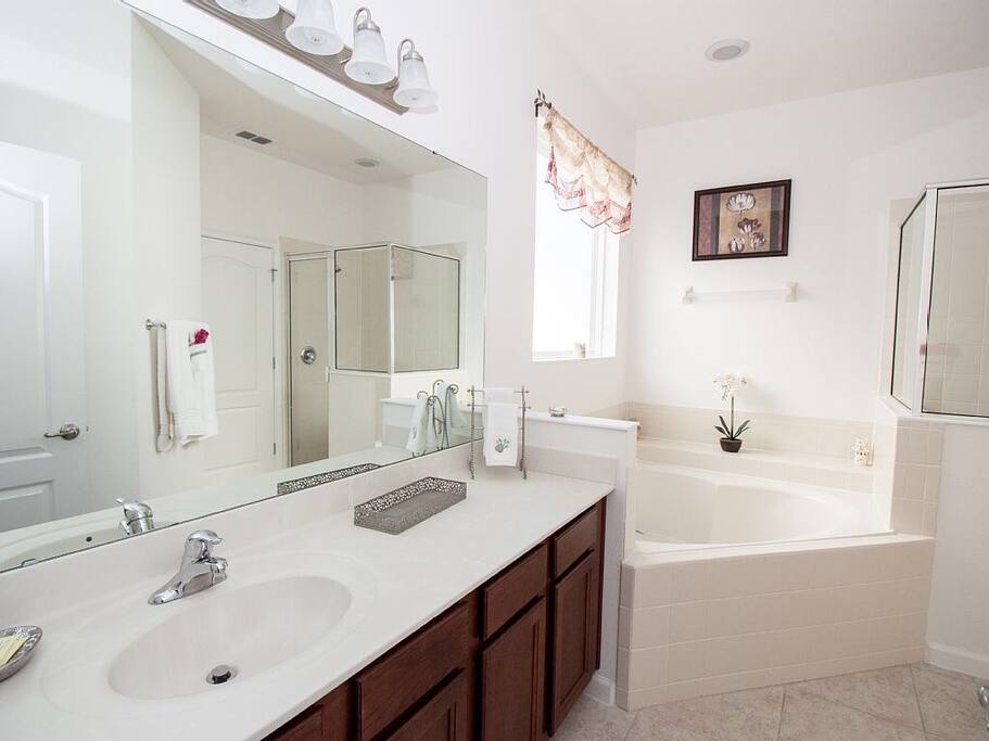 Mast bathroom with tub, shower and private toilet area.